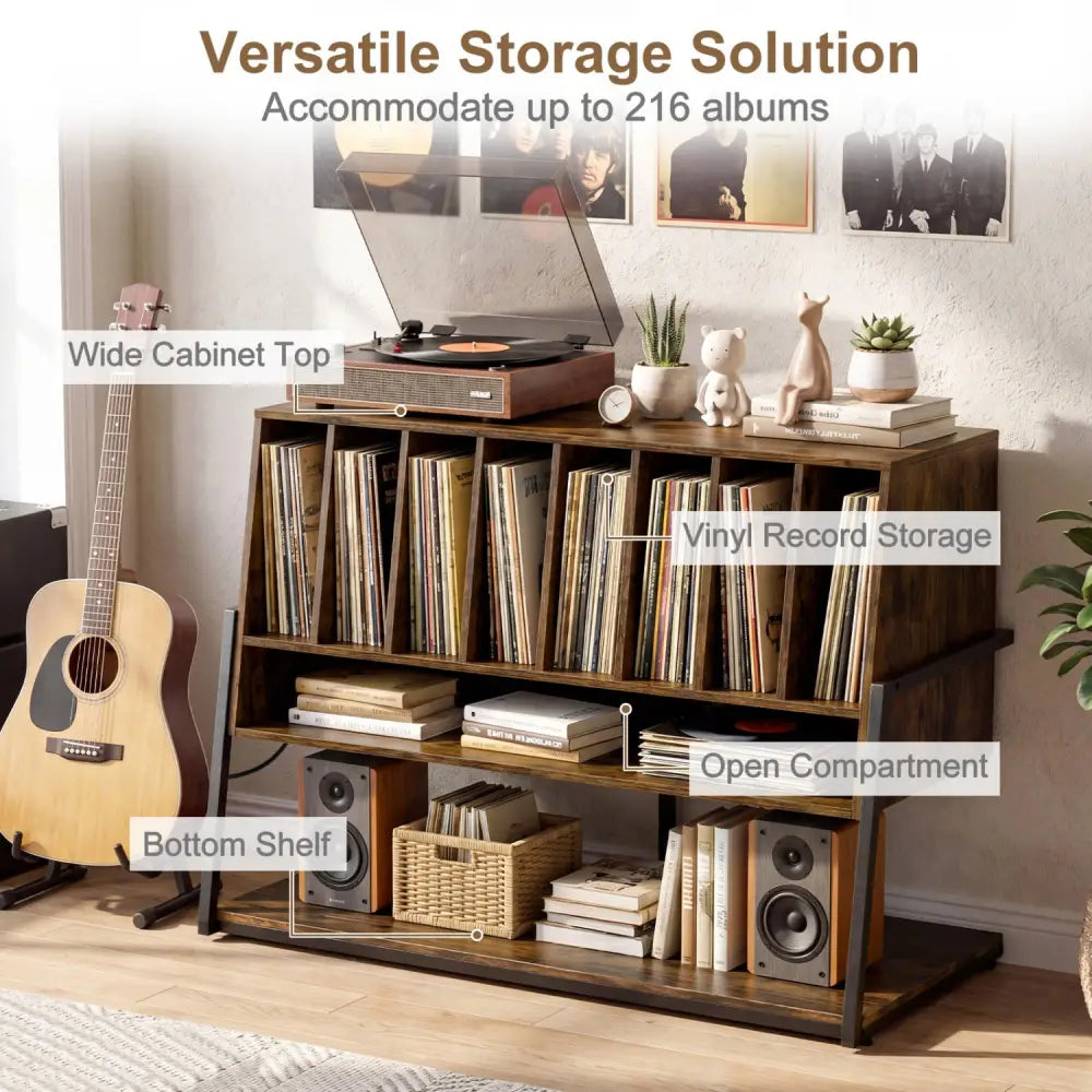 Turntable Stand with Charging Station and Vinyl Storage Shelves-Rustic Brown - Rustic Brown - End & Side Tables