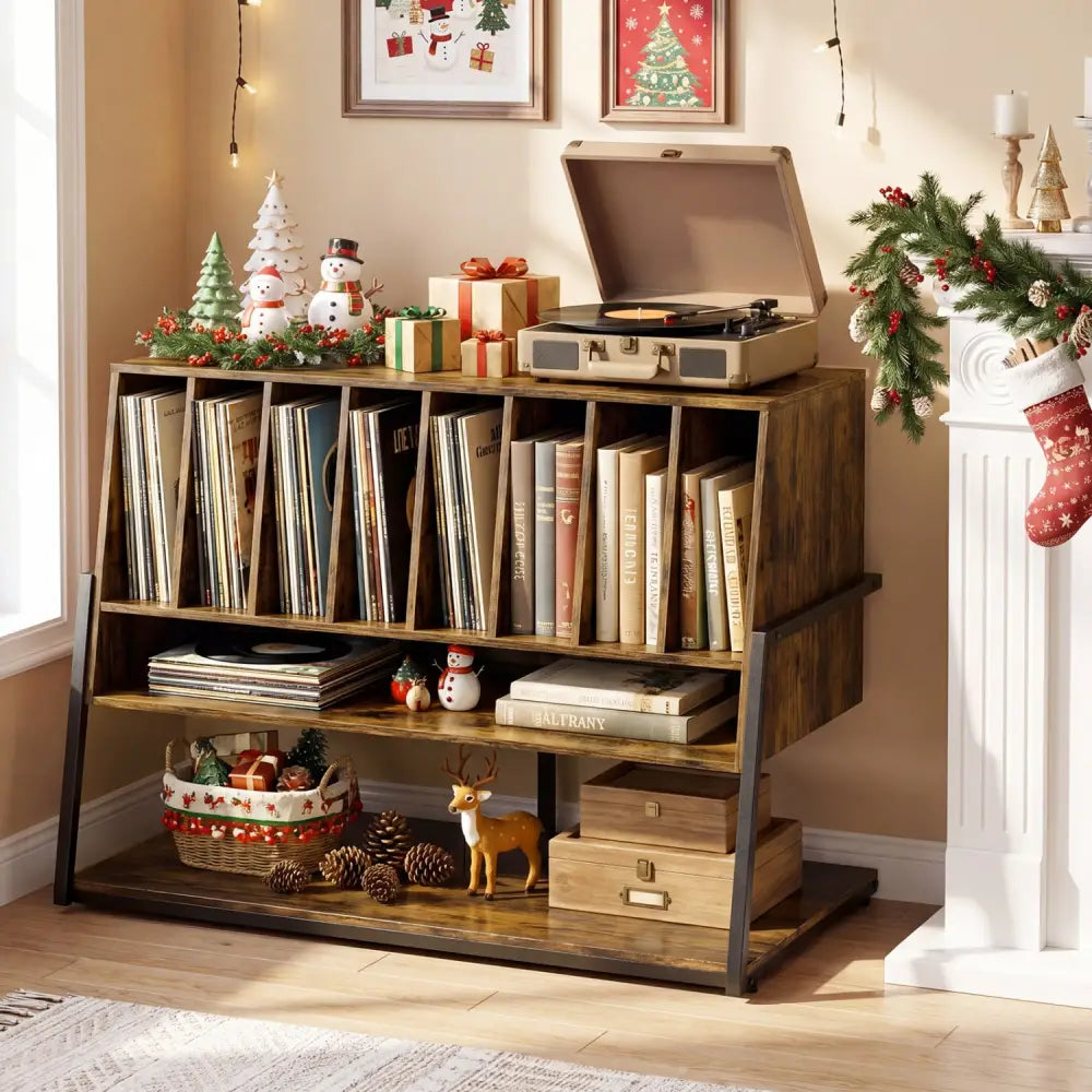 Turntable Stand with Charging Station and Vinyl Storage Shelves-Rustic Brown - Rustic Brown - End & Side Tables