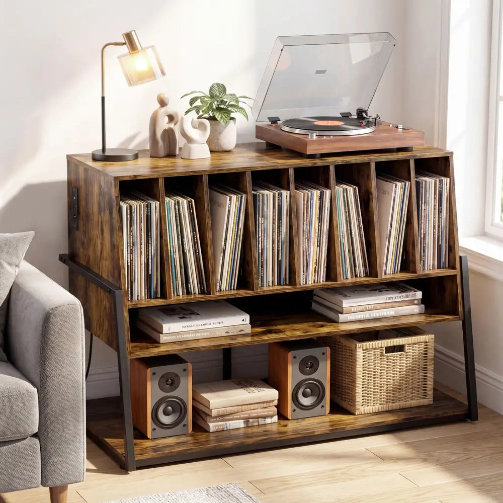 Turntable Stand with Charging Station and Vinyl Storage Shelves-Rustic Brown - Rustic Brown - End & Side Tables