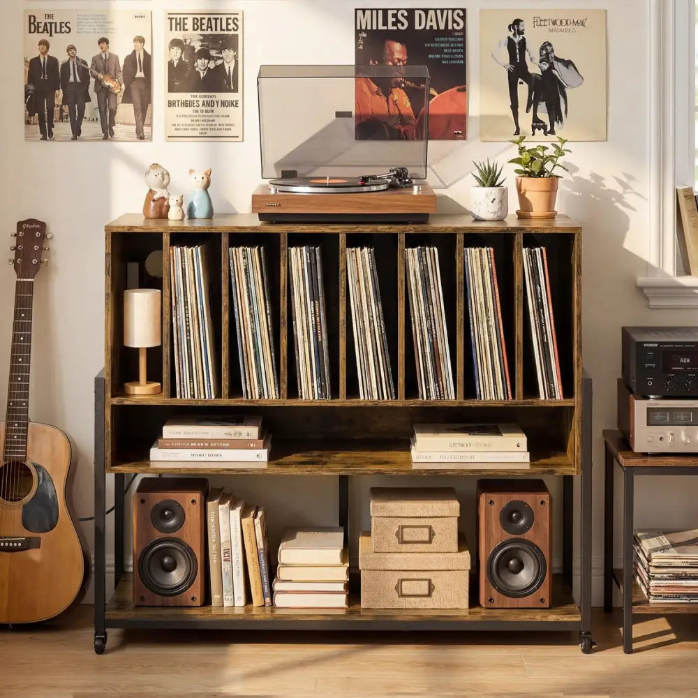 Turntable Stand with Charging Station and Vinyl Storage Shelves-Rustic Brown - Rustic Brown - End & Side Tables