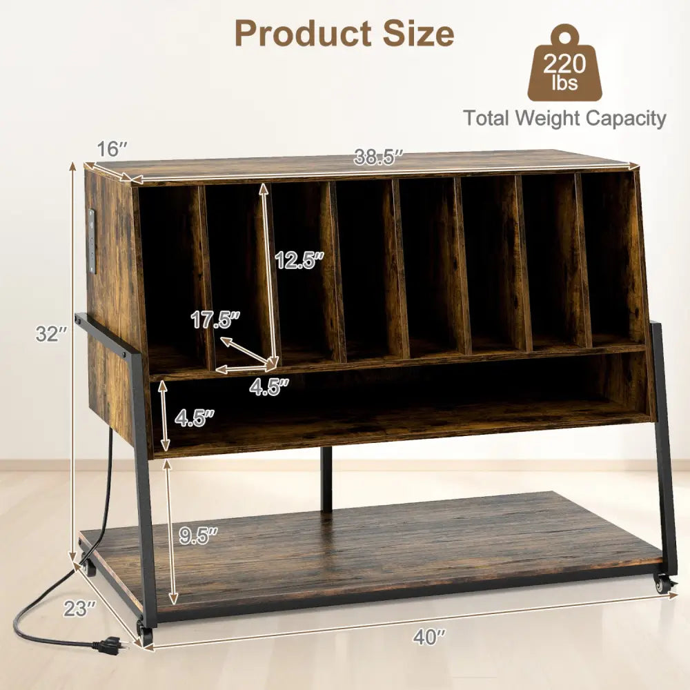 Turntable Stand with Charging Station and Vinyl Storage Shelves-Rustic Brown - Rustic Brown - End & Side Tables