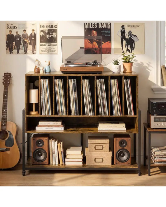 Turntable Stand with Charging Station and Vinyl Storage Shelves-Rustic Brown - Rustic Brown - End & Side Tables