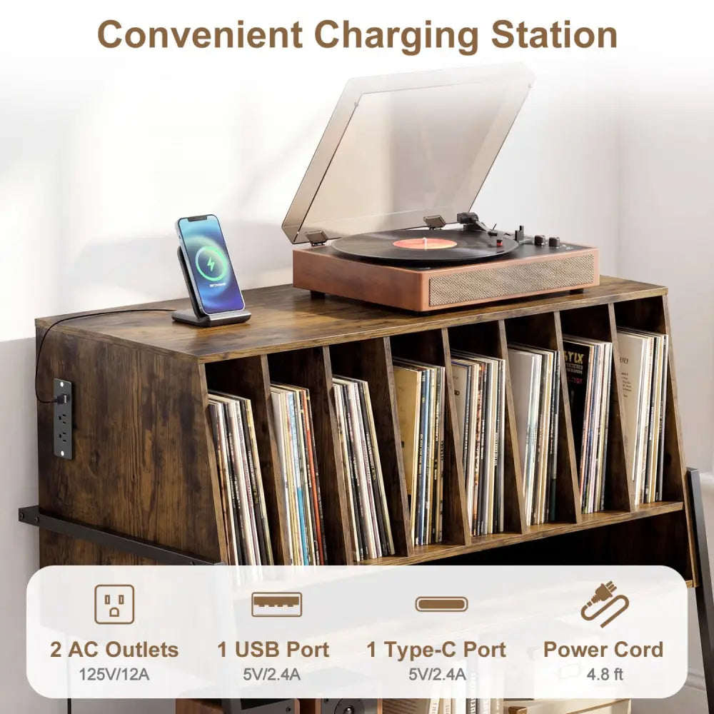 Turntable Stand with Charging Station and Vinyl Storage Shelves-Rustic Brown - Rustic Brown - End & Side Tables