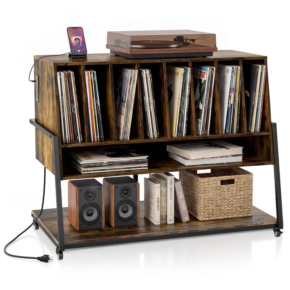 Turntable Stand with Charging Station and Vinyl Storage Shelves-Rustic Brown - Rustic Brown - End & Side Tables