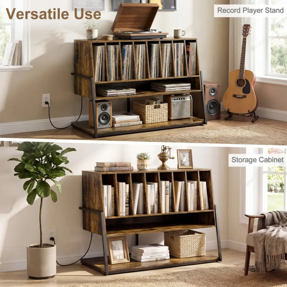 Turntable Stand with Charging Station and Vinyl Storage Shelves-Rustic Brown - Rustic Brown - End & Side Tables