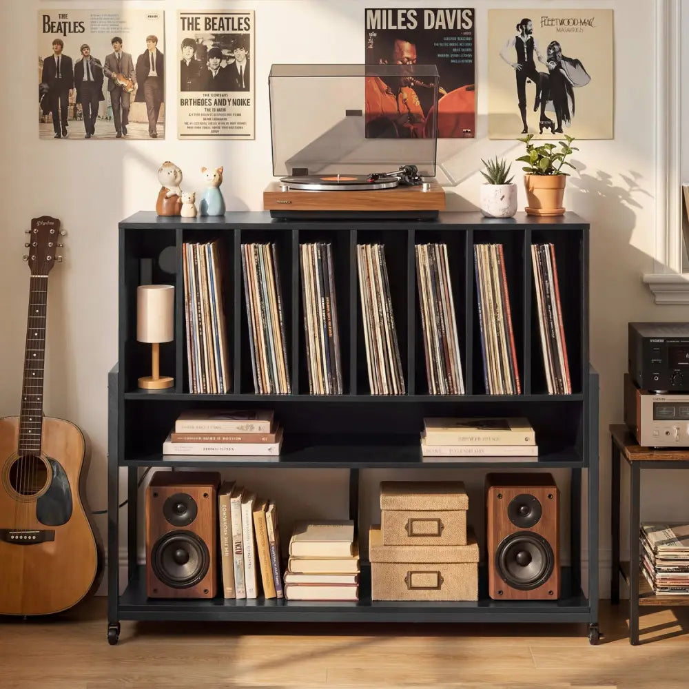 Turntable Stand with Charging Station and Vinyl Storage Shelves-Black - Black - End & Side Tables