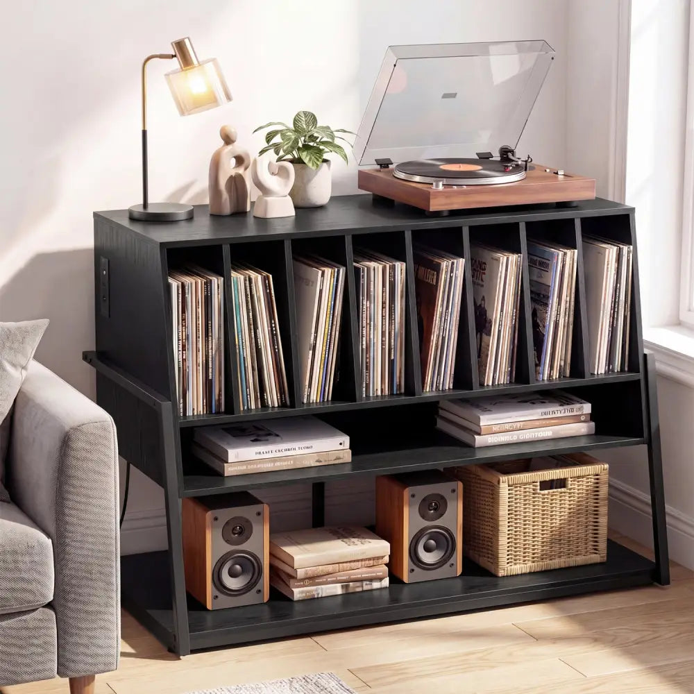 Turntable Stand with Charging Station and Vinyl Storage Shelves-Black - Black - End & Side Tables