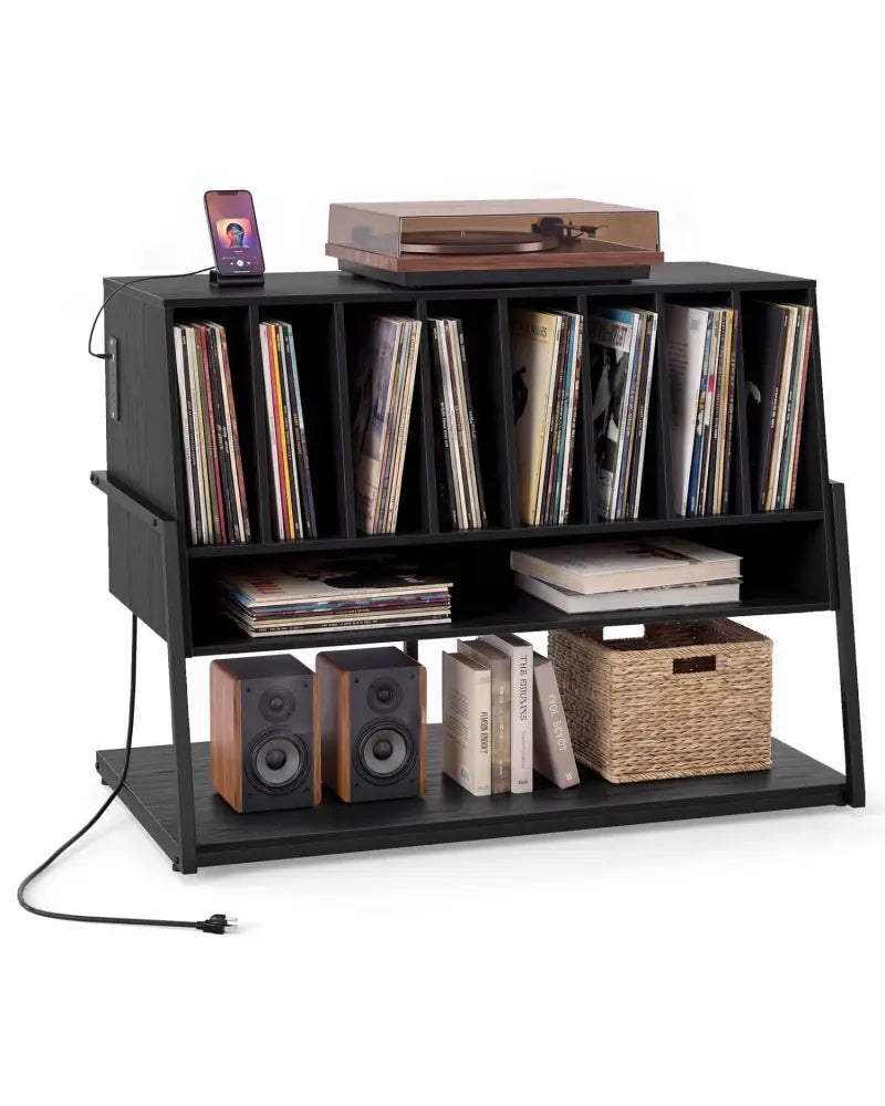 Turntable Stand with Charging Station and Vinyl Storage Shelves-Black - Black - End & Side Tables