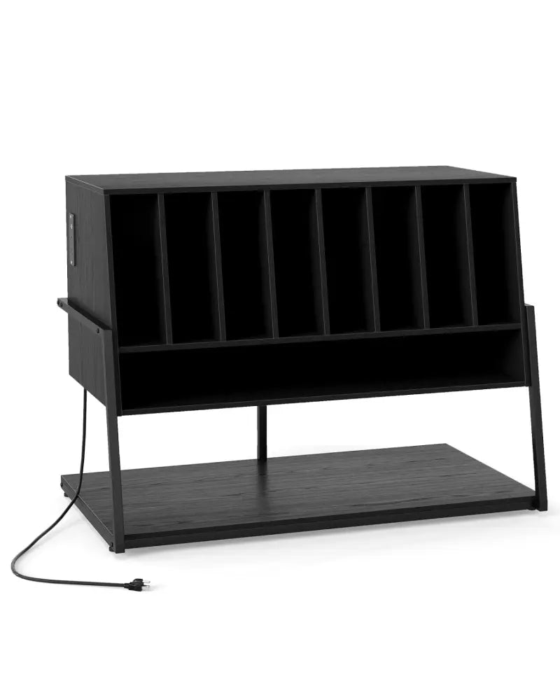 Turntable Stand with Charging Station and Vinyl Storage Shelves-Black - Black - End & Side Tables
