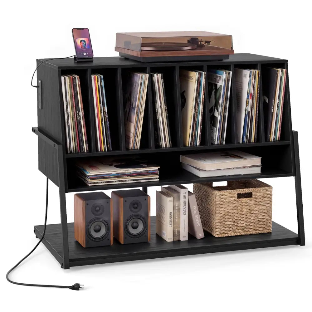 Turntable Stand with Charging Station and Vinyl Storage Shelves-Black - Black - End & Side Tables