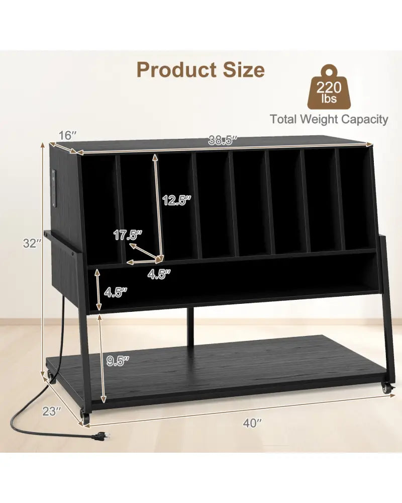 Turntable Stand with Charging Station and Vinyl Storage Shelves-Black - Black - End & Side Tables