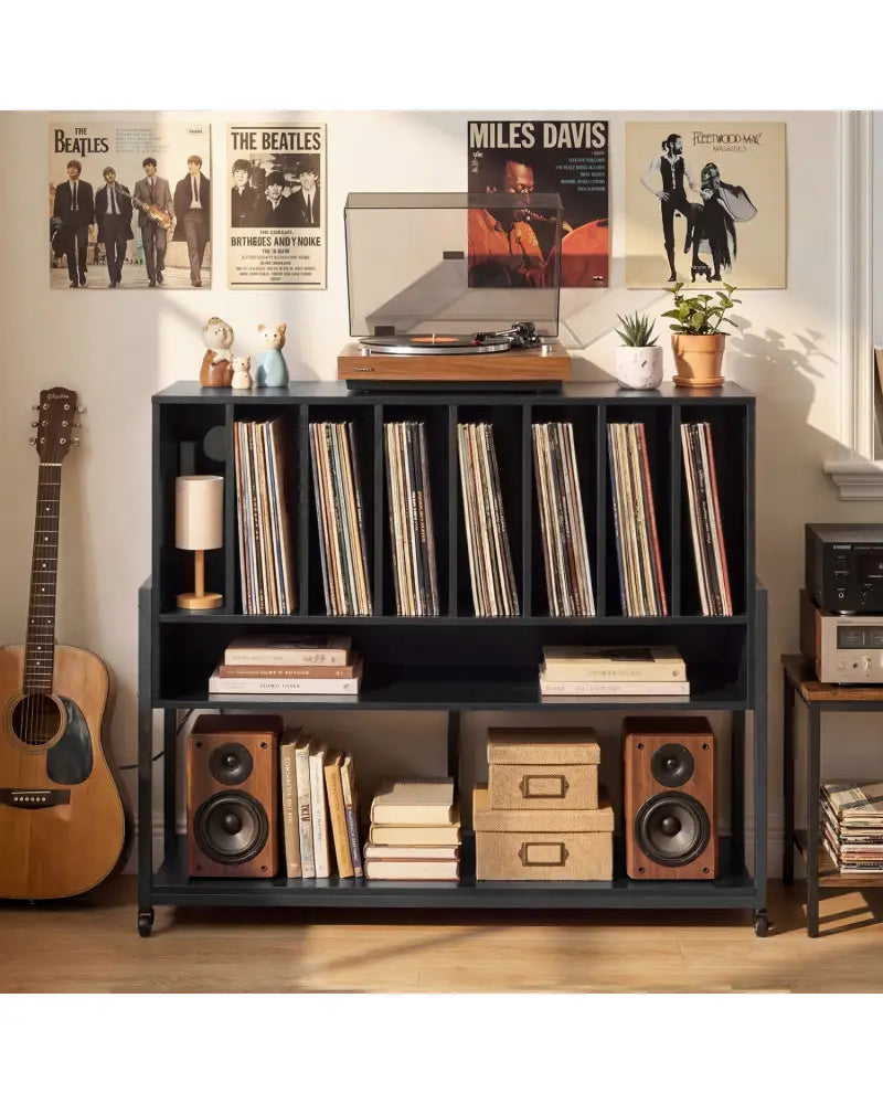 Turntable Stand with Charging Station and Vinyl Storage Shelves-Black - Black - End & Side Tables
