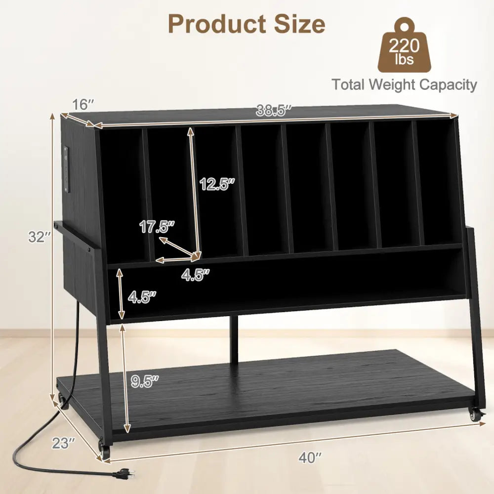 Turntable Stand with Charging Station and Vinyl Storage Shelves-Black - Black - End & Side Tables