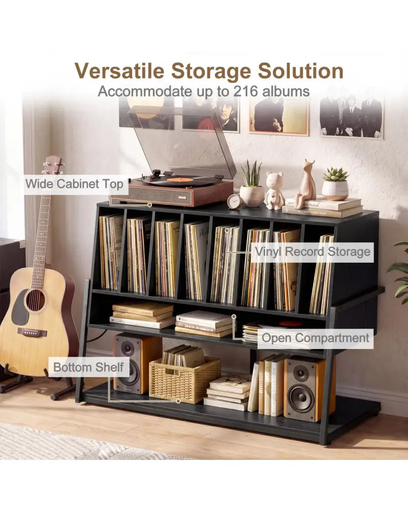 Turntable Stand with Charging Station and Vinyl Storage Shelves-Black - Black - End & Side Tables