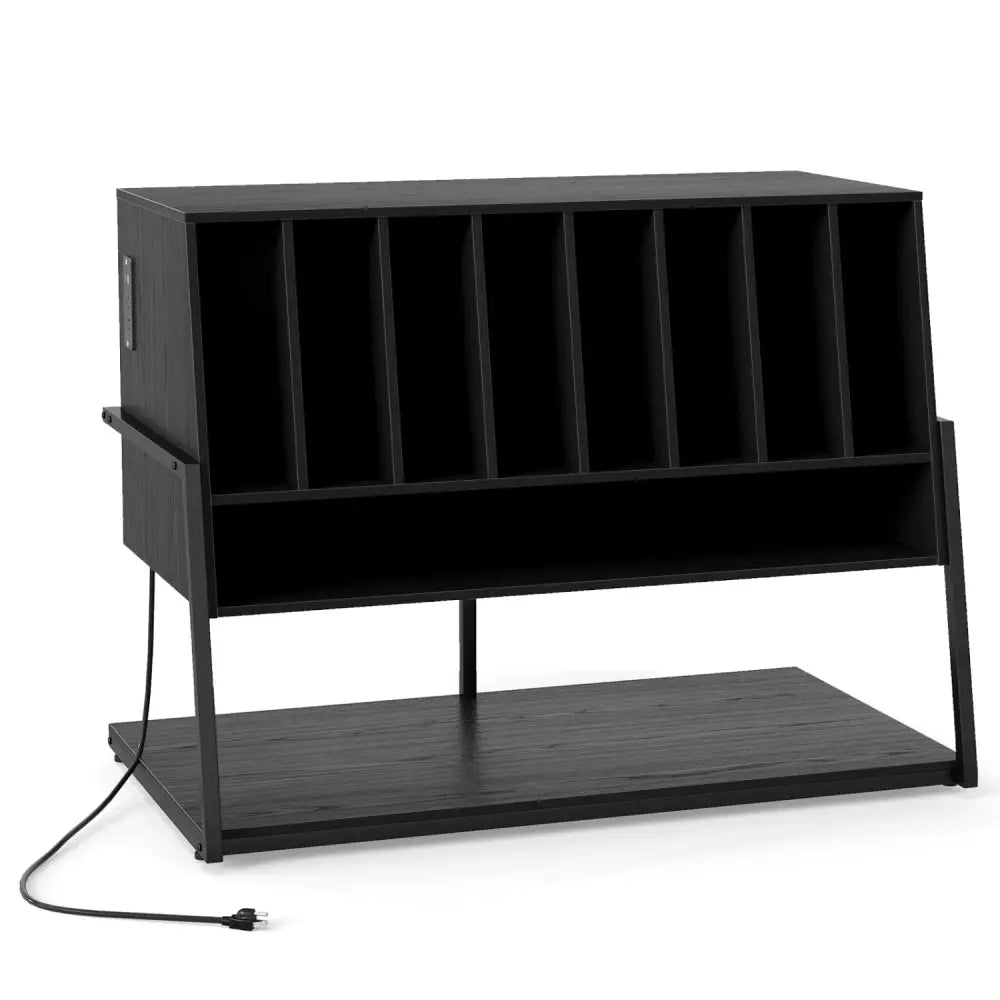 Turntable Stand with Charging Station and Vinyl Storage Shelves-Black - Black - End & Side Tables