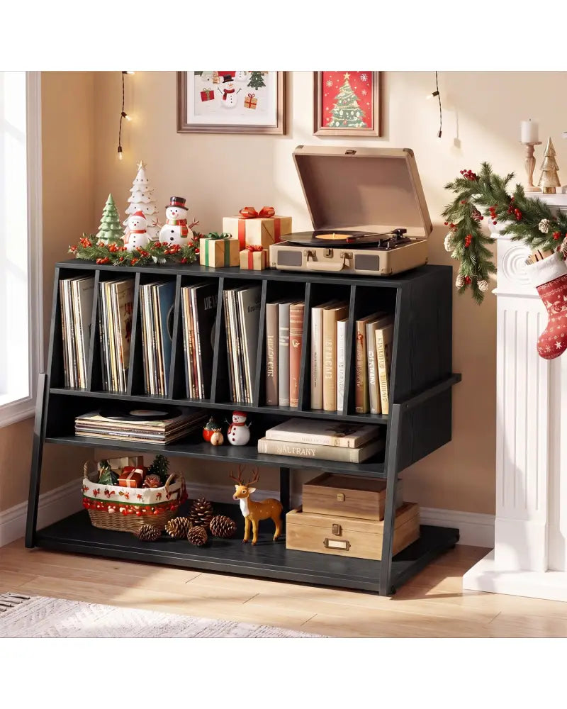 Turntable Stand with Charging Station and Vinyl Storage Shelves-Black - Black - End & Side Tables