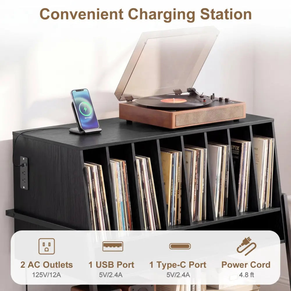 Turntable Stand with Charging Station and Vinyl Storage Shelves-Black - Black - End & Side Tables