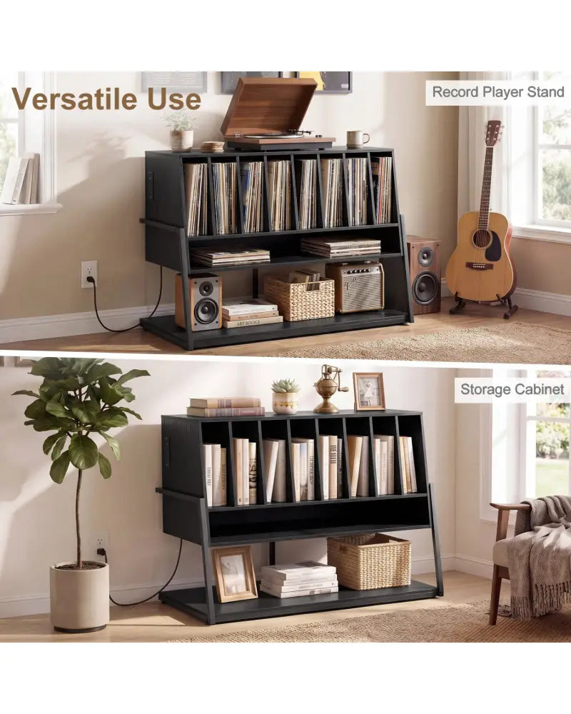 Turntable Stand with Charging Station and Vinyl Storage Shelves-Black - Black - End & Side Tables