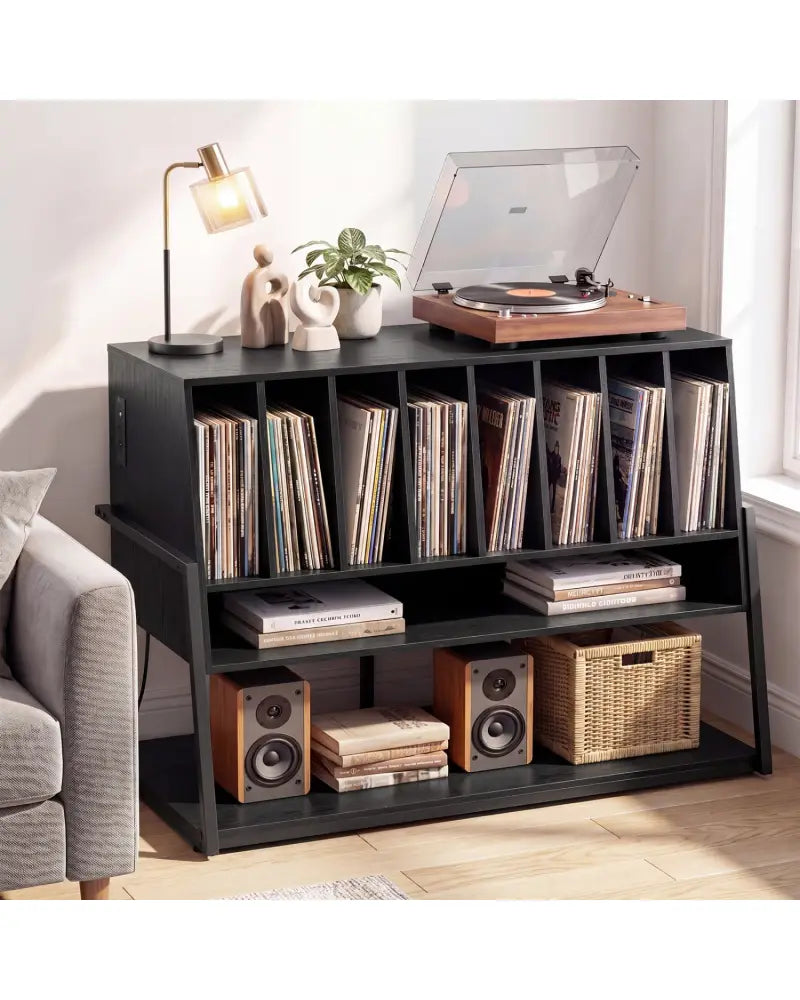 Turntable Stand with Charging Station and Vinyl Storage Shelves-Black - Black - End & Side Tables