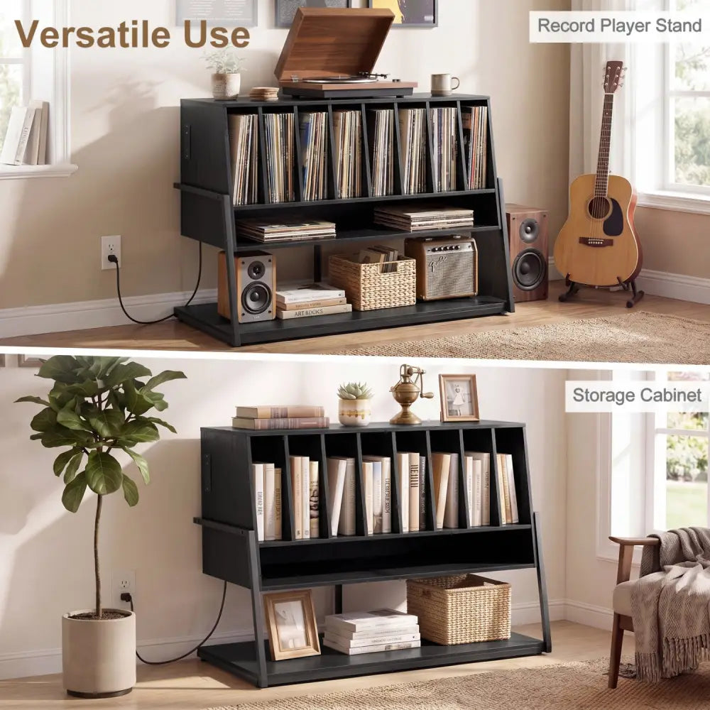 Turntable Stand with Charging Station and Vinyl Storage Shelves-Black - Black - End & Side Tables