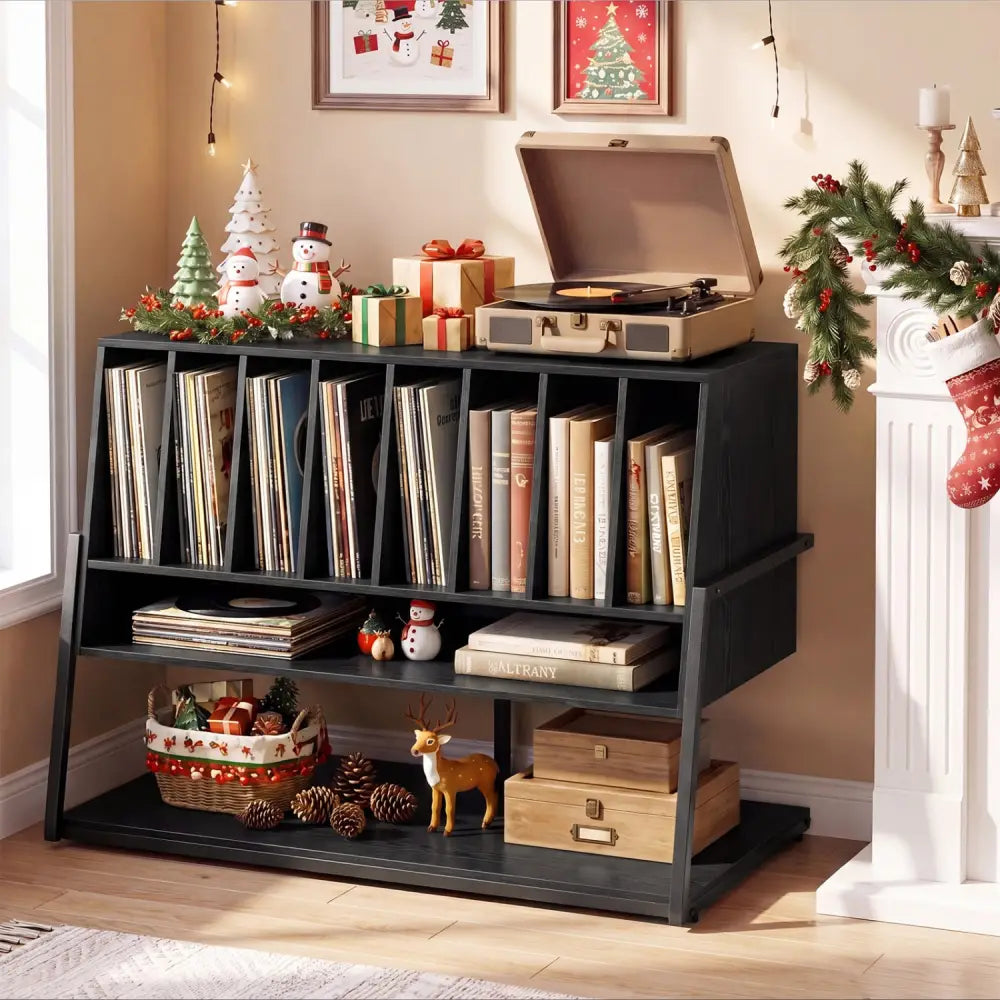 Turntable Stand with Charging Station and Vinyl Storage Shelves-Black - Black - End & Side Tables
