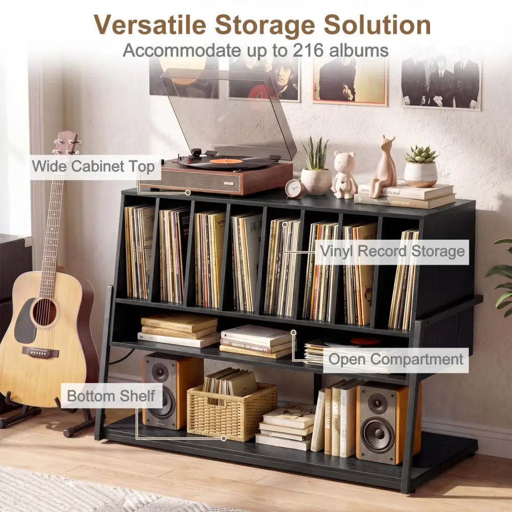 Turntable Stand with Charging Station and Vinyl Storage Shelves-Black - Black - End & Side Tables