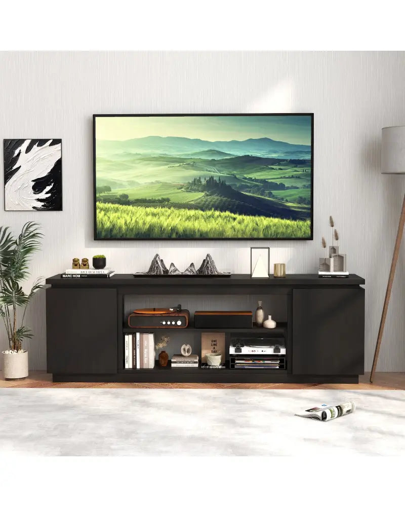 TV Cabinet with 3 Adjustable Shelves and Anti-Tipping Kits for TVs up to 80 Inch-Black - Black - Entertainment Centers