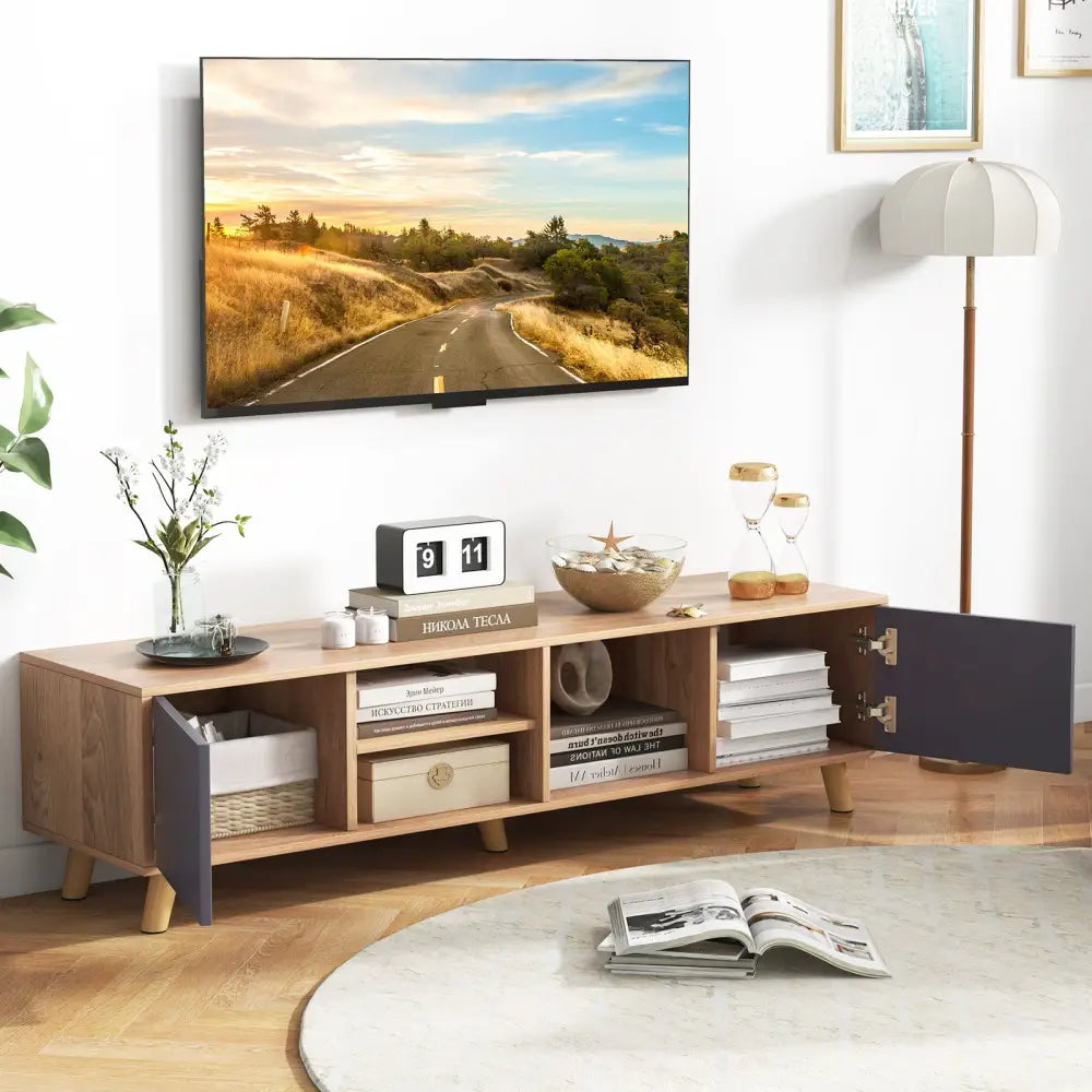 TV Stand Cabinet for TVs up to 65 Inch with Open Shelf for Living Room - Natural - Entertainment Centers & TV Stands