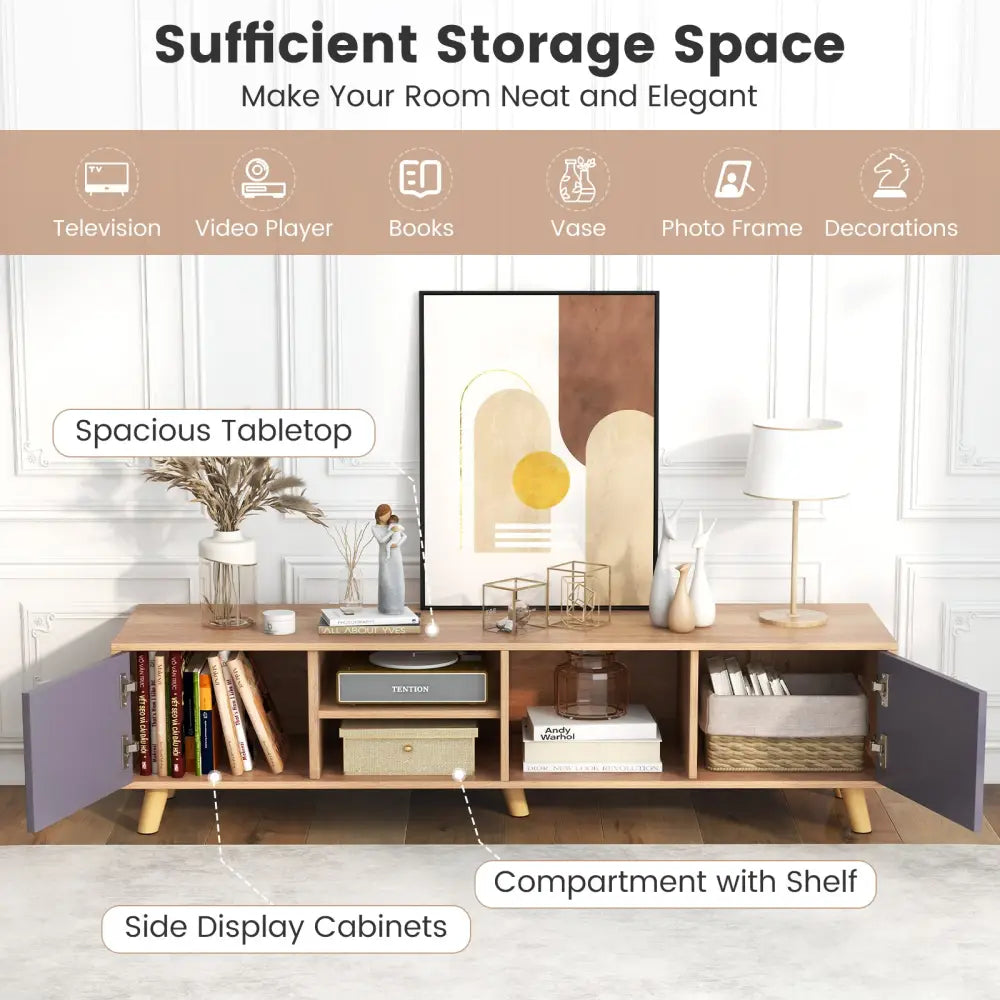TV Stand Cabinet for TVs up to 65 Inch with Open Shelf for Living Room - Natural - Entertainment Centers & TV Stands