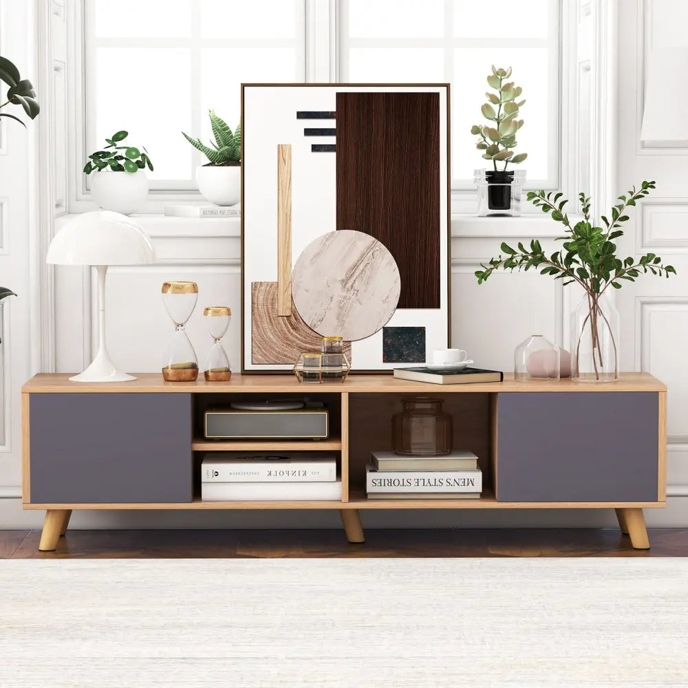 TV Stand Cabinet for TVs up to 65 Inch with Open Shelf for Living Room - Natural - Entertainment Centers & TV Stands