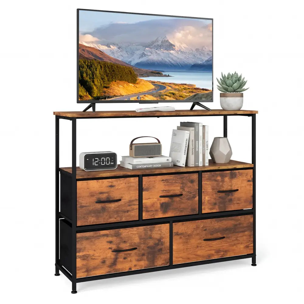 TV Stand Dresser for 45 Inch TV 5 Fabric Drawer Entertainment Center-Brown - Brown - Entertainment Centers & TV Stands