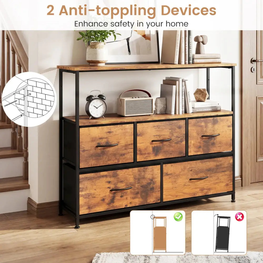 TV Stand Dresser for 45 Inch TV 5 Fabric Drawer Entertainment Center-Brown - Brown - Entertainment Centers & TV Stands