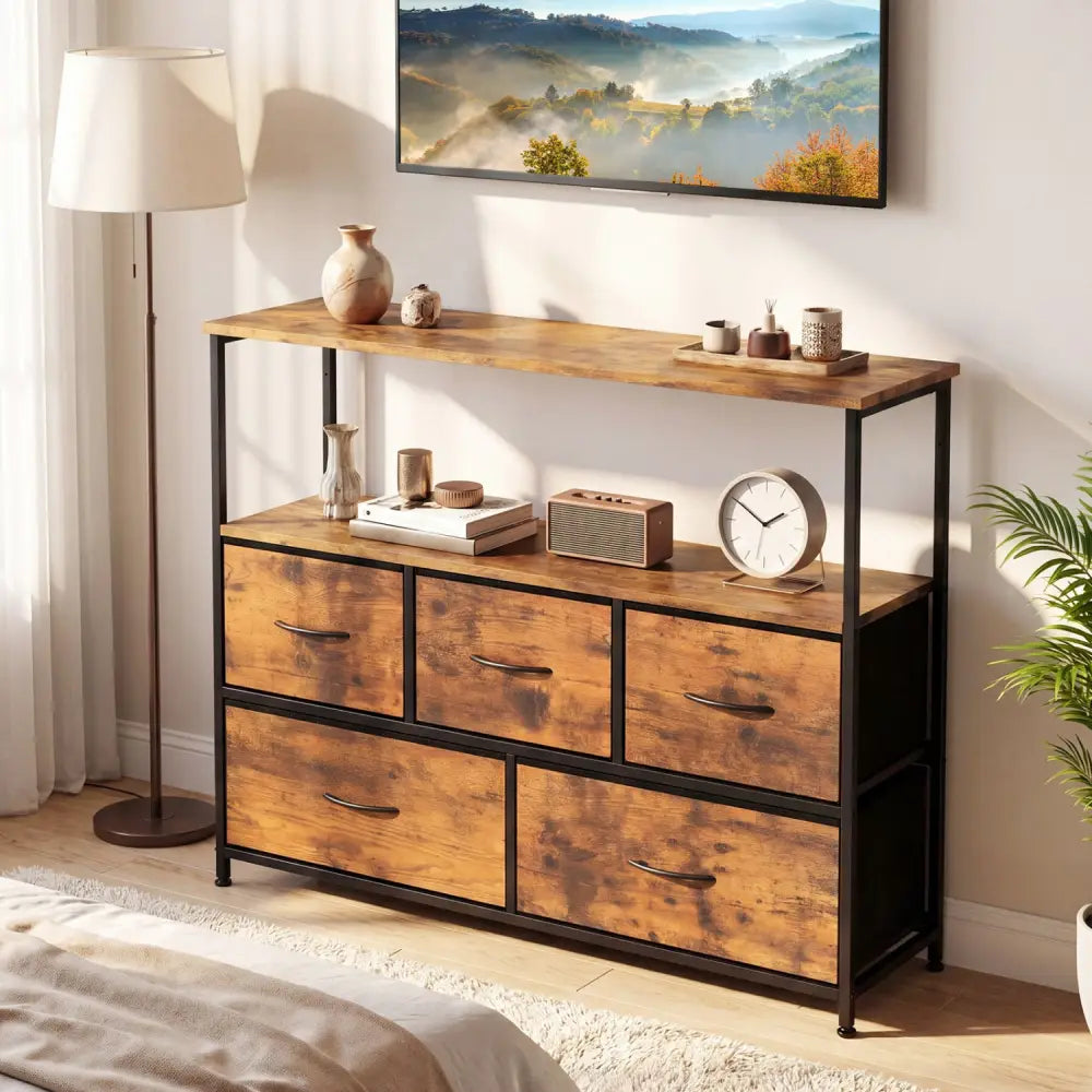 TV Stand Dresser for 45 Inch TV 5 Fabric Drawer Entertainment Center-Brown - Brown - Entertainment Centers & TV Stands