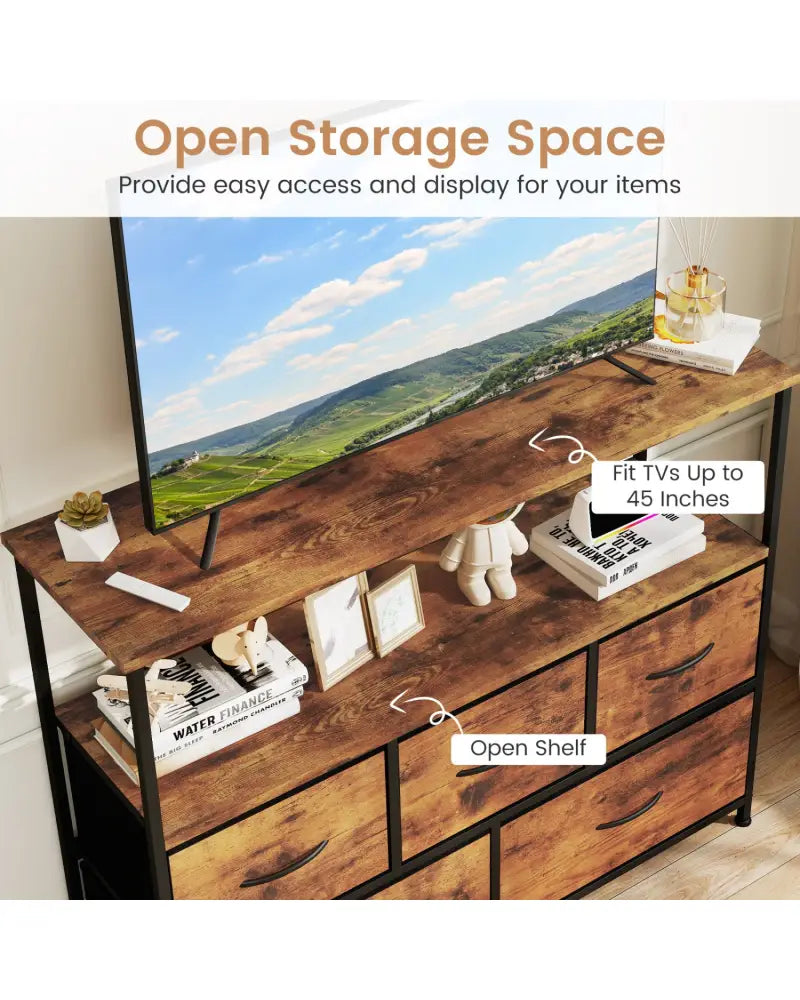 TV Stand Dresser for 45 Inch TV 5 Fabric Drawer Entertainment Center-Brown - Brown - Entertainment Centers & TV Stands