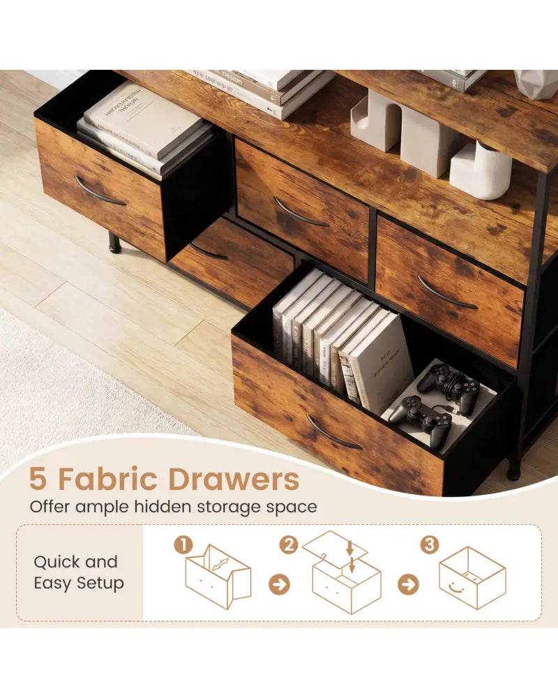 TV Stand Dresser for 45 Inch TV 5 Fabric Drawer Entertainment Center-Brown - Brown - Entertainment Centers & TV Stands