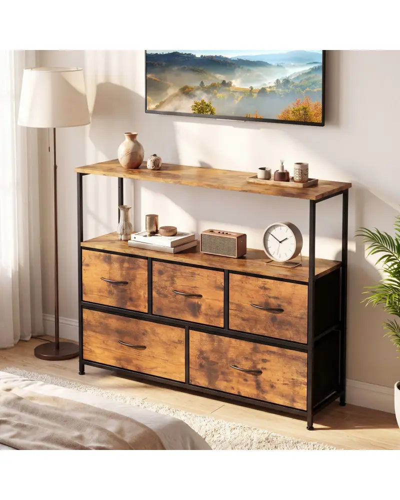 TV Stand Dresser for 45 Inch TV 5 Fabric Drawer Entertainment Center-Brown - Brown - Entertainment Centers & TV Stands