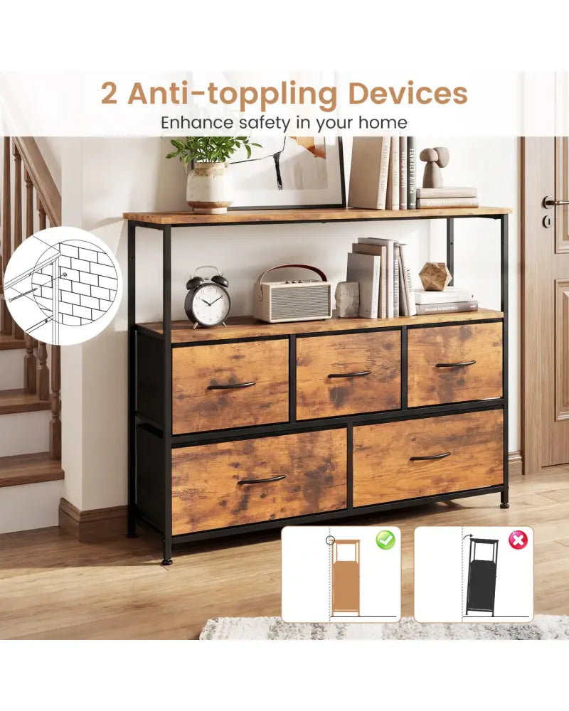 TV Stand Dresser for 45 Inch TV 5 Fabric Drawer Entertainment Center-Brown - Brown - Entertainment Centers & TV Stands