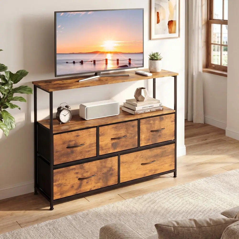 TV Stand Dresser for 45 Inch TV 5 Fabric Drawer Entertainment Center-Brown - Brown - Entertainment Centers & TV Stands