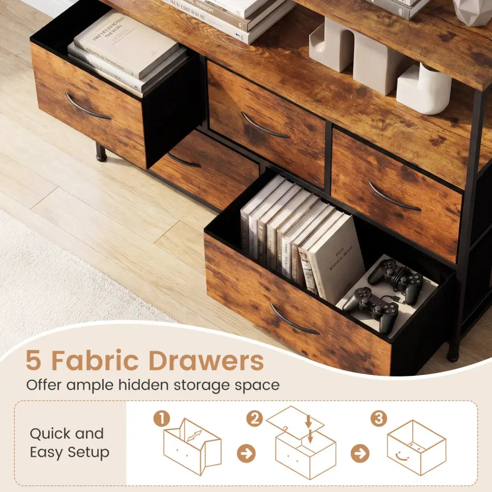 TV Stand Dresser for 45 Inch TV 5 Fabric Drawer Entertainment Center-Brown - Brown - Entertainment Centers & TV Stands