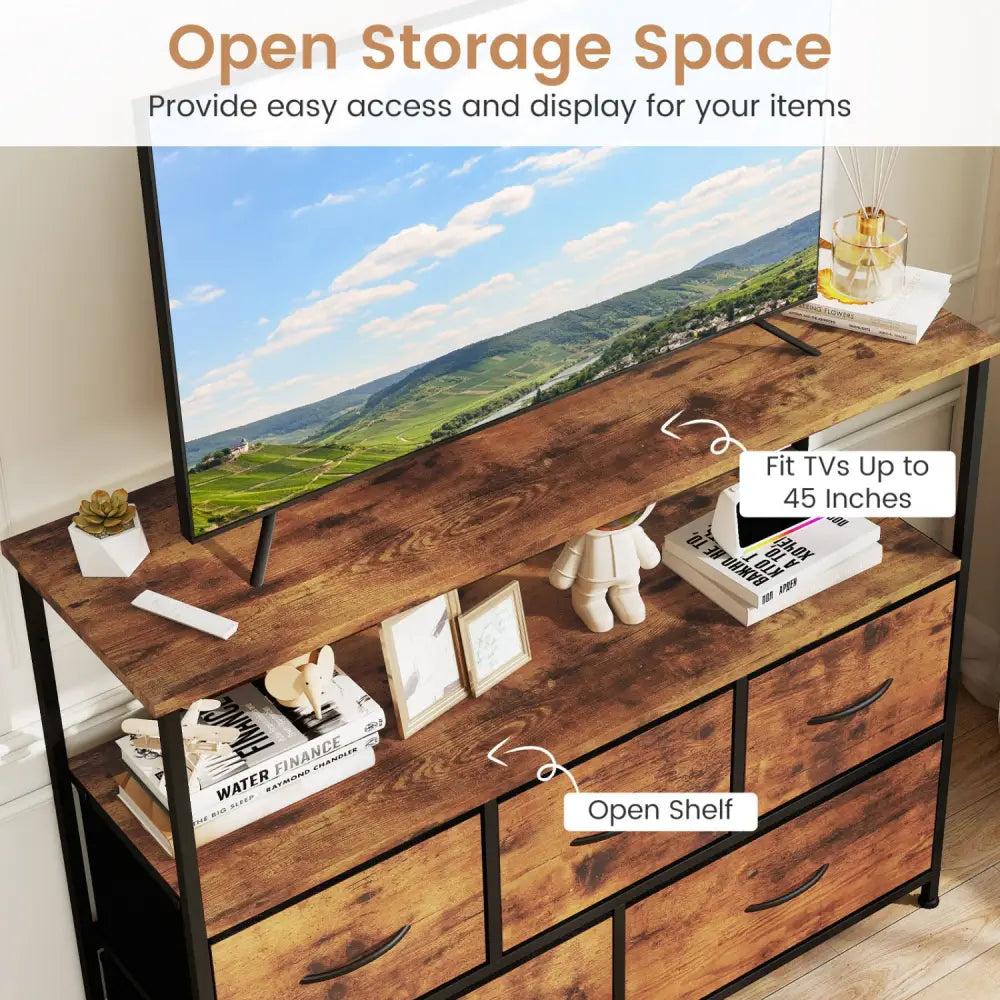 TV Stand Dresser for 45 Inch TV 5 Fabric Drawer Entertainment Center-Brown - Brown - Entertainment Centers & TV Stands