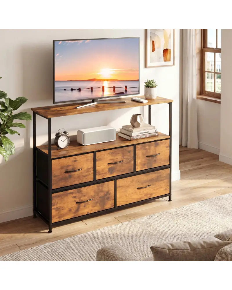 TV Stand Dresser for 45 Inch TV 5 Fabric Drawer Entertainment Center-Brown - Brown - Entertainment Centers & TV Stands