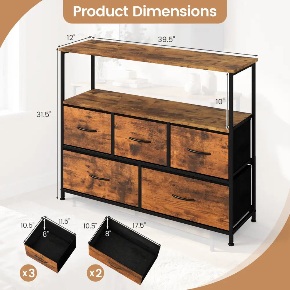 TV Stand Dresser for 45 Inch TV 5 Fabric Drawer Entertainment Center-Brown - Brown - Entertainment Centers & TV Stands
