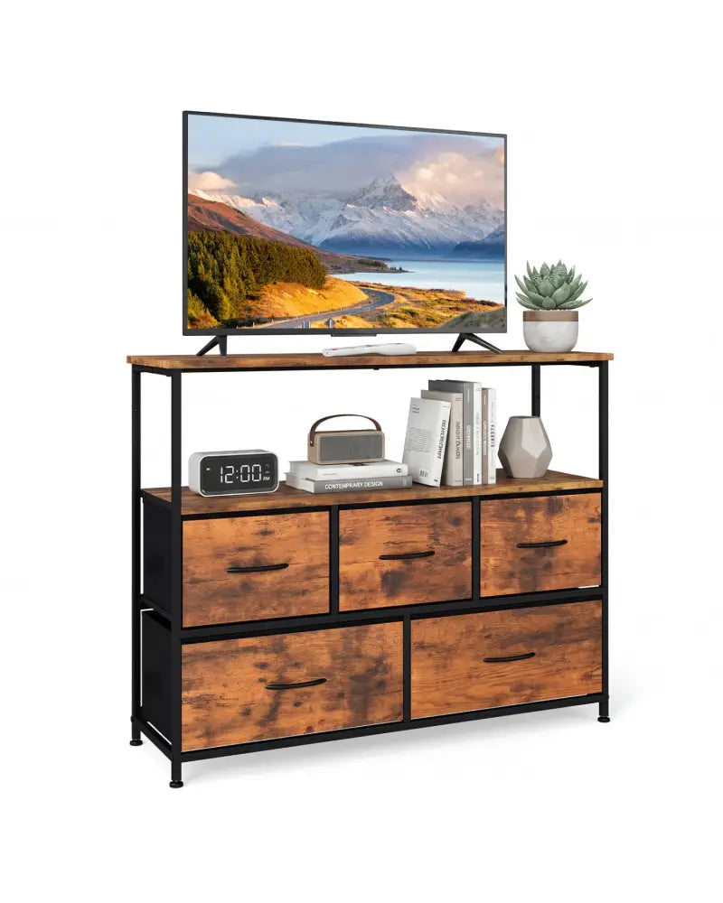 TV Stand Dresser for 45 Inch TV 5 Fabric Drawer Entertainment Center-Brown - Brown - Entertainment Centers & TV Stands