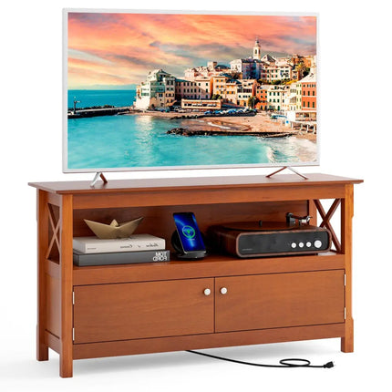 TV Stand Entertainment Center with Charging Station for TVs up to 50 Inch-Brown - Brown - Entertainment Centers & TV