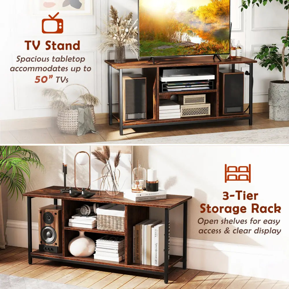TV Stand Entertainment Center with Open Storage Shelves and Power Outlets to 50 Inches-Rustic Brown - Rustic Brown