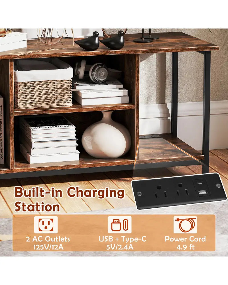 TV Stand Entertainment Center with Open Storage Shelves and Power Outlets to 50 Inches-Rustic Brown - Rustic Brown