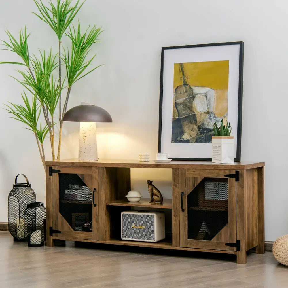 TV Stand Entertainment Media Center for TVs up to 65-Inch with Steel Mesh Doors-Rustic Brown - Rustic Brown
