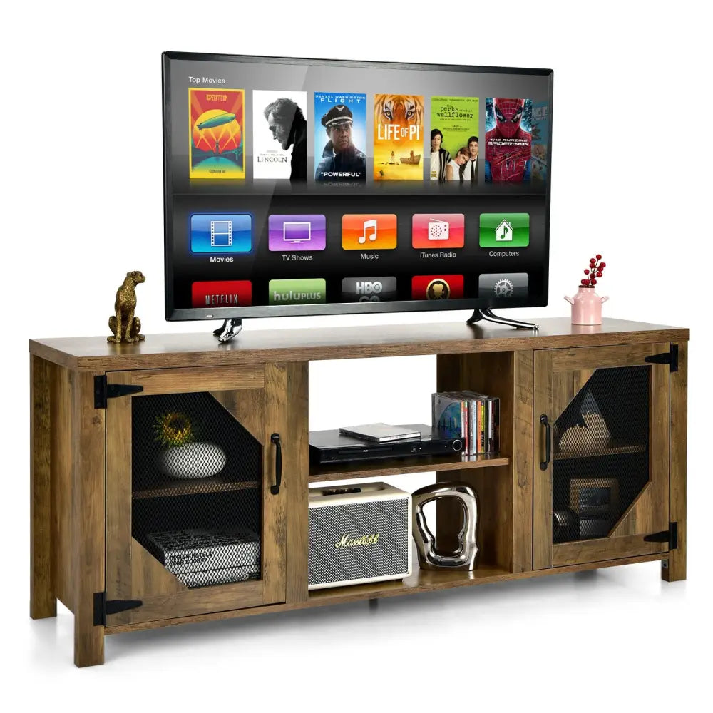 TV Stand Entertainment Media Center for TVs up to 65-Inch with Steel Mesh Doors-Rustic Brown - Rustic Brown