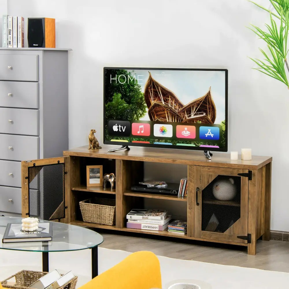TV Stand Entertainment Media Center for TVs up to 65-Inch with Steel Mesh Doors-Rustic Brown - Rustic Brown