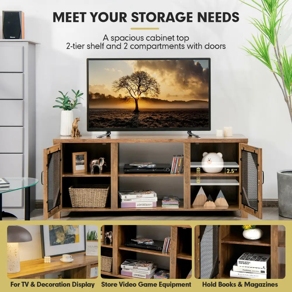 TV Stand Entertainment Media Center for TVs up to 65-Inch with Steel Mesh Doors-Rustic Brown - Rustic Brown